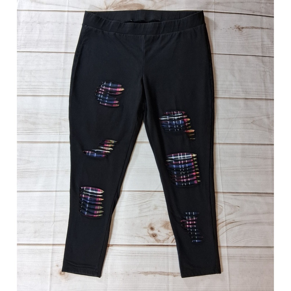 Torrid Leggings Womens Size 3 Black Plaid Cutout Distressed Grunge Plus Stretch